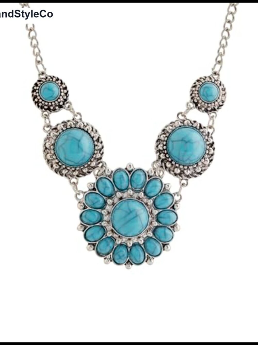 Boho Turquoise-Tone Stone Flower Medallion Statement Pendant Necklace